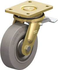 Blickle - 6-1/2" Diam x 1-31/32" Wide x 8-1/16" OAH Top Plate Mount Swivel Caster with Brake - Solid Rubber, 990 Lb Capacity, Ball Bearing, 5-1/2 x 4-3/8" Plate - Caliber Tooling