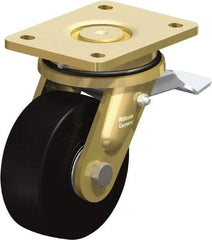 Blickle - 5" Diam x 1-31/32" Wide x 6-11/16" OAH Top Plate Mount Swivel Caster with Brake - Solid Rubber, 704 Lb Capacity, Ball Bearing, 5-1/2 x 4-3/8" Plate - Caliber Tooling