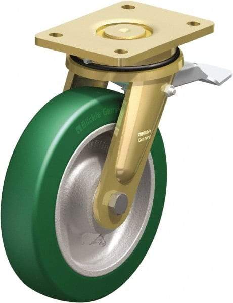 Blickle - 8" Diam x 1-31/32" Wide x 9-41/64" OAH Top Plate Mount Swivel Caster with Brake - Polyurethane-Elastomer Blickle Softhane, 1,760 Lb Capacity, Ball Bearing, 5-1/2 x 4-3/8" Plate - Caliber Tooling