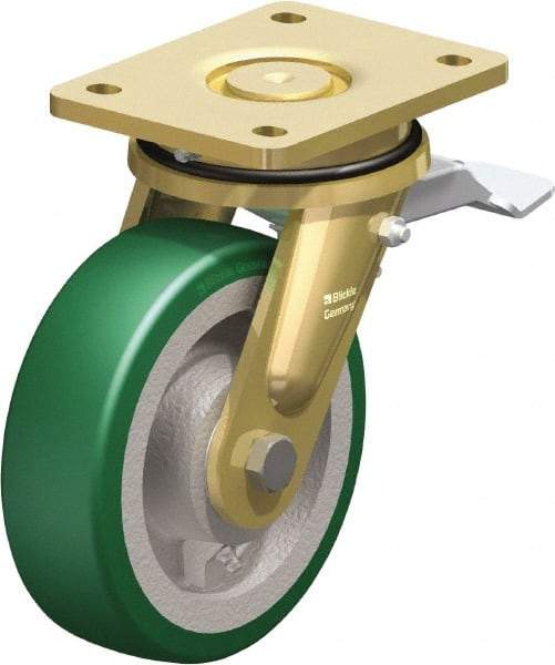 Blickle - 6-1/2" Diam x 1-31/32" Wide x 8-5/64" OAH Top Plate Mount Swivel Caster with Brake - Polyurethane-Elastomer Blickle Softhane, 1,320 Lb Capacity, Ball Bearing, 5-1/2 x 4-3/8" Plate - Caliber Tooling