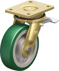 Blickle - 6-1/2" Diam x 1-31/32" Wide x 8-5/64" OAH Top Plate Mount Swivel Caster with Brake - Polyurethane-Elastomer Blickle Softhane, 1,320 Lb Capacity, Ball Bearing, 5-1/2 x 4-3/8" Plate - Caliber Tooling