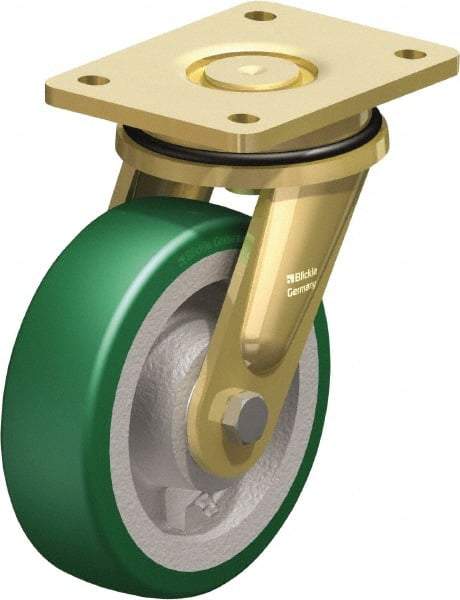 Blickle - 6-1/2" Diam x 1-31/32" Wide x 8-5/64" OAH Top Plate Mount Swivel Caster - Polyurethane-Elastomer Blickle Softhane, 1,320 Lb Capacity, Ball Bearing, 5-1/2 x 4-3/8" Plate - Caliber Tooling