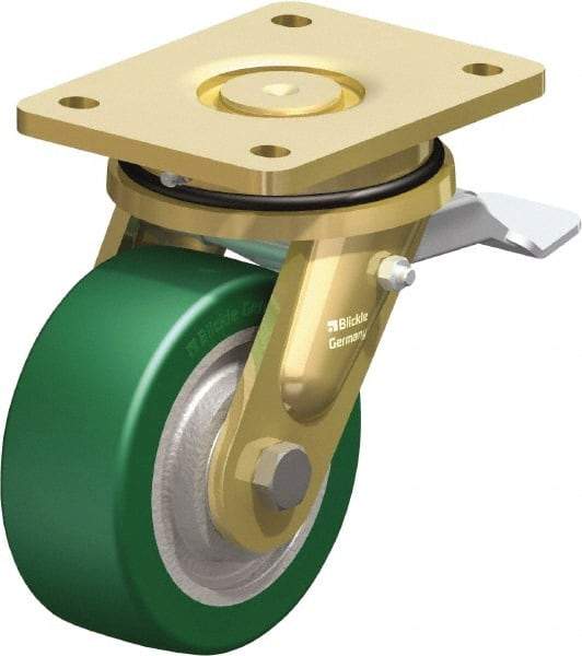 Blickle - 5" Diam x 1-31/32" Wide x 6-11/16" OAH Top Plate Mount Swivel Caster with Brake - Polyurethane-Elastomer Blickle Softhane, 990 Lb Capacity, Ball Bearing, 5-1/2 x 4-3/8" Plate - Caliber Tooling