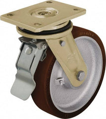 Blickle - 6-1/2" Diam x 1-31/32" Wide x 8-5/64" OAH Top Plate Mount Swivel Caster with Brake - Polyurethane-Elastomer Blickle Besthane, 1,760 Lb Capacity, Ball Bearing, 5-1/2 x 4-3/8" Plate - Caliber Tooling