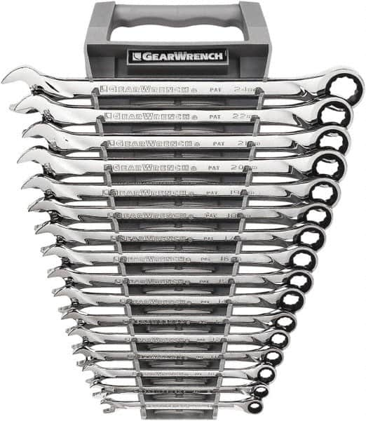 GearWrench - 16 Piece, 8mm to 24mm, 12 Point Combination Wrench Set - Metric Measurement Standard, Full Polish Chrome Finish - Caliber Tooling