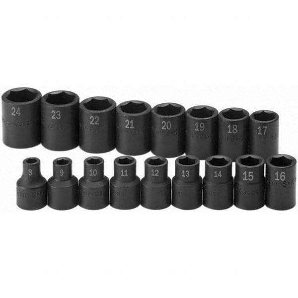 SK - 1/2" Drive Standard Impact Socket Set - 8 to 24mm, Metric Measurement Standard - Caliber Tooling