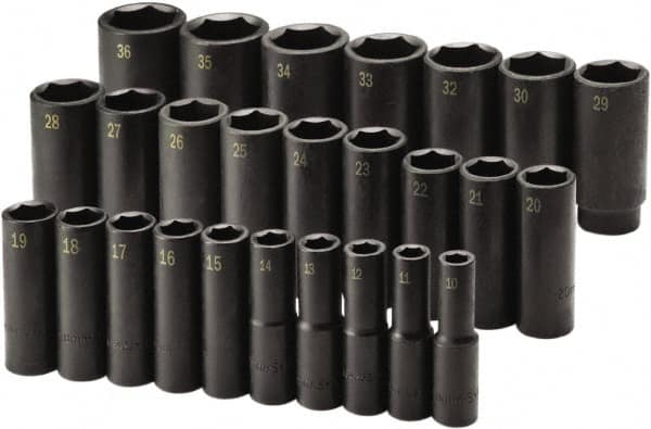 SK - 26 Piece 1/2" Drive Deep Impact Socket Set - 6 Points, 10 to 36mm, Metric Measurement Standard - Caliber Tooling