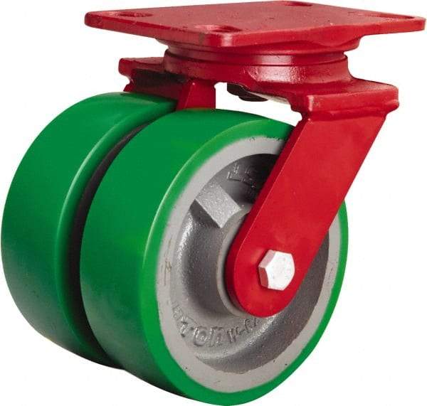 Hamilton - 6" Diam x 2" Wide x 7-3/4" OAH Top Plate Mount Swivel Caster - Polyurethane Mold onto Cast Iron Center, 2,400 Lb Capacity, Sealed Precision Ball Bearing, 4-1/2 x 6-1/2" Plate - Caliber Tooling