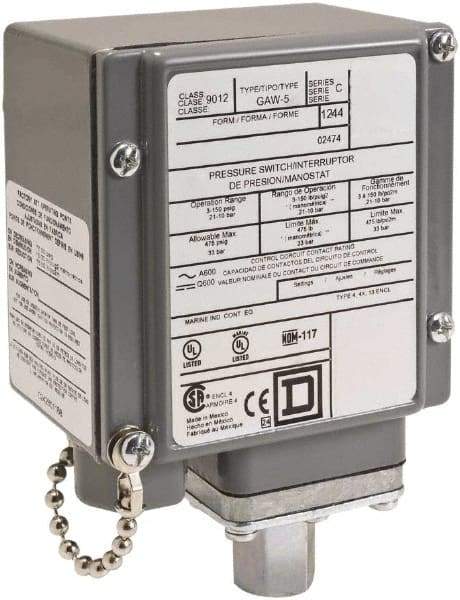 Square D - 4, 13 and 4X NEMA Rated, SPDT, 3 to 150 psi, Electromechanical Pressure and Level Switch - Adjustable Pressure, 120 VAC at 6 Amp, 240 VAC at 3 Amp, 250 VDC at 0.27 Amp, 1/4 Inch Connector, Screw Terminal, For Use with 9012G - Caliber Tooling