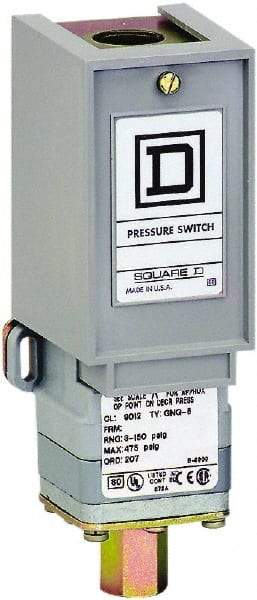 Square D - 1 NEMA Rated, SPDT, 3 to 150 psi, Electromechanical Pressure and Level Switch - Fixed Pressure, 120 VAC at 6 Amp, 125 VDC at 0.22 Amp, 240 VAC at 3 Amp, 250 VDC at 0.27 Amp, 1/4 Inch Connector, Screw Terminal, For Use with 9012G - Caliber Tooling