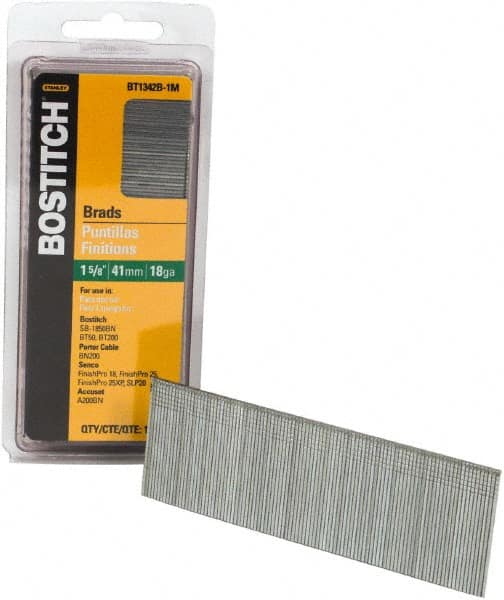 Stanley Bostitch - 18 Gauge 0.05" Shank Diam 1-5/8" Long Brad Nails for Power Nailers - Steel, Bright Finish, Ring Shank, Straight Stick Adhesive Collation, Brad Head, Chisel Point - Caliber Tooling