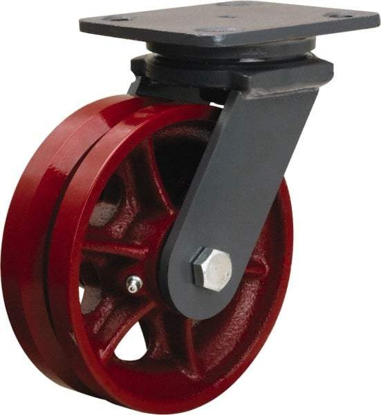 Hamilton - 6" Diam x 2" Wide, Iron Swivel Caster - 1,000 Lb Capacity, Top Plate Mount, 4" x 5" Plate, Straight Roller Bearing - Caliber Tooling