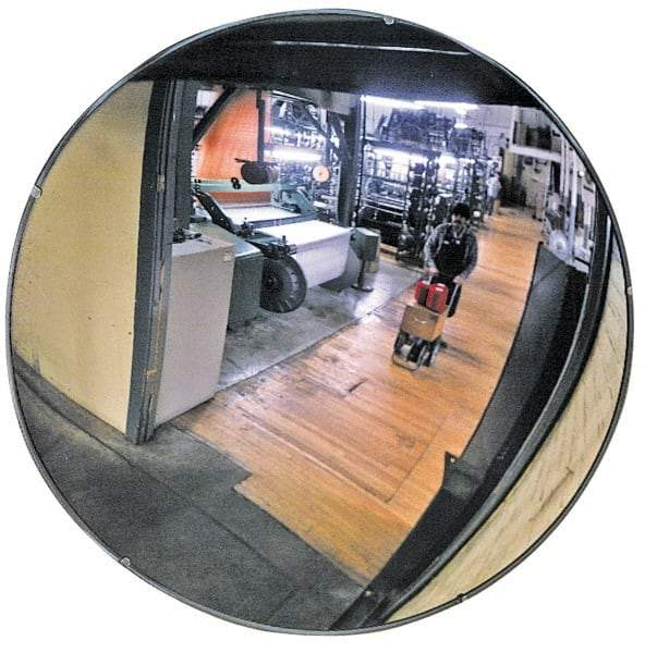 PRO-SAFE - Outdoor Round Convex Safety, Traffic & Inspection Mirrors - Glass Lens, Laminated Hardboard Backing, 36" Diam x 2-3/8" High, 32' Max Covered Distance - Caliber Tooling