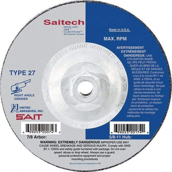 Sait - 7" Wheel Diam, 1/4" Wheel Thickness, Type 27 Depressed Center Wheel - Ceramic, Resinoid Bond, 8,500 Max RPM, Compatible with Angle Grinder - Caliber Tooling