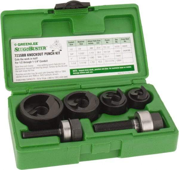 Greenlee - 11 Piece, 1" Punch Hole Diam, Manual Knockout Set - Round Punch, 10 Gage Mild Steel - Caliber Tooling