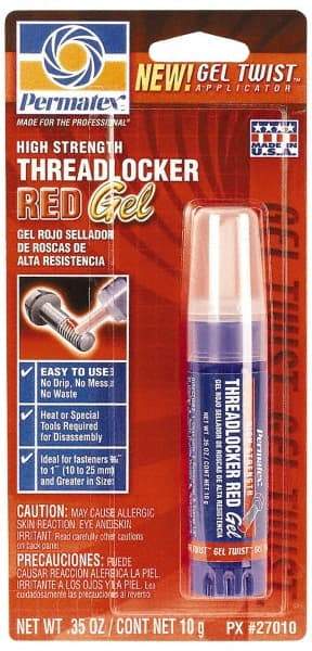 Permatex - 10 Gal Tube, Red, High Strength Gel Threadlocker - Series 270, 24 hr Full Cure Time, Hand Tool, Heat Removal - Caliber Tooling