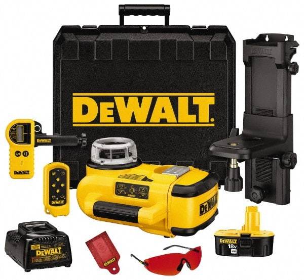 DeWALT - 200' (Interior) & 2,000' (Exterior) Measuring Range, 1/8" at 100' & 3mm at 31m Accuracy, Self-Leveling Rotary Laser with Detector - ±5° Self Leveling Range, 60, 250 & 600 RPM, 1 Beam, 18 Volt XRP Battery Included - Caliber Tooling