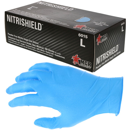 NitriShield Gloves - 4 mil Blue Nitrile Industrial/Food Service Grade - Textured Grip - Powder Free - Box of 100 - Size Large - Caliber Tooling