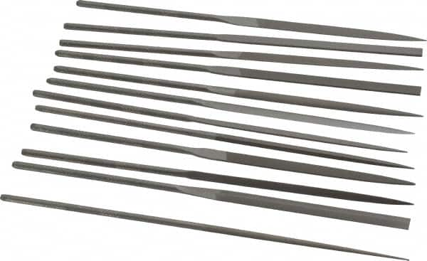 Grobet - 12 Piece Swiss Pattern File Set - 6-1/4" Long, 4 Coarseness, Set Includes Barrette, Crossing, Equalling, Half Round, Knife, Marking, Round, Round Edge Joint, Slitting, Square, Three Square, Warding - Caliber Tooling