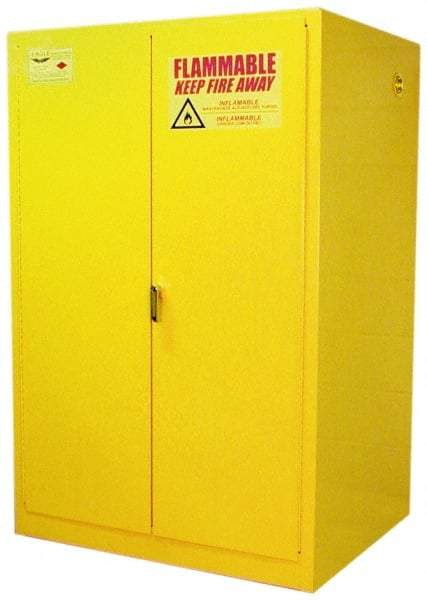 Eagle - 2 Door, 2 Shelf, Yellow Steel Standard Safety Cabinet for Flammable and Combustible Liquids - 65" High x 43" Wide x 34" Deep, Manual Closing Door, 3 Point Key Lock, 90 Gal Capacity - Caliber Tooling