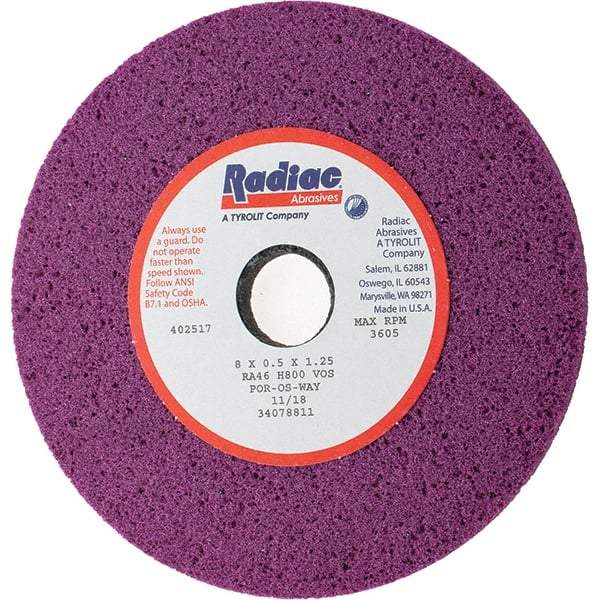 Radiac Abrasives - 8" Diam x 1-1/4" Hole x 1/2" Thick, H Hardness, 46 Grit Surface Grinding Wheel - Aluminum Oxide, Type 1, Coarse Grade, 3,600 Max RPM, Vitrified Bond, No Recess - Caliber Tooling