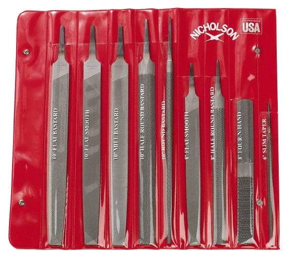 Nicholson - 9 Piece American Pattern File Set - 6", 8", 10" Long, Bastard/Smooth Coarseness, Set Includes Flat, Half Round, Mill, Round, Slim Taper - Caliber Tooling