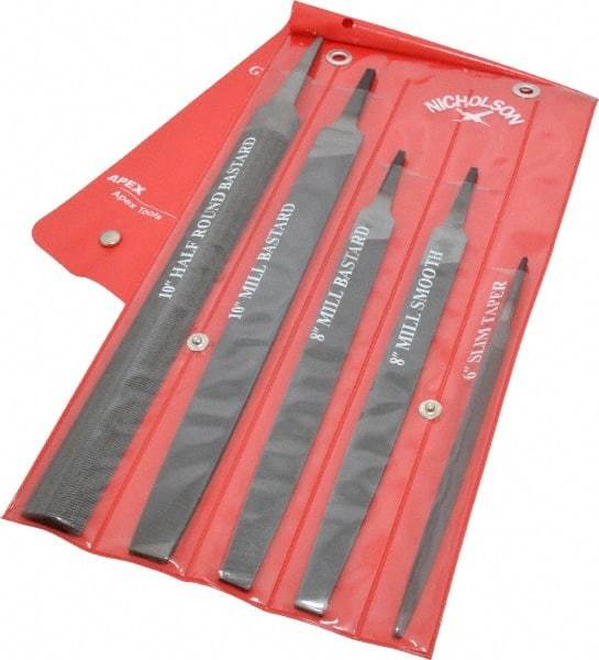 Nicholson - 5 Piece American Pattern File Set - 6", 8", 10" Long, Bastard/Smooth Coarseness, Set Includes Half Round, Mill, Slim Taper - Caliber Tooling