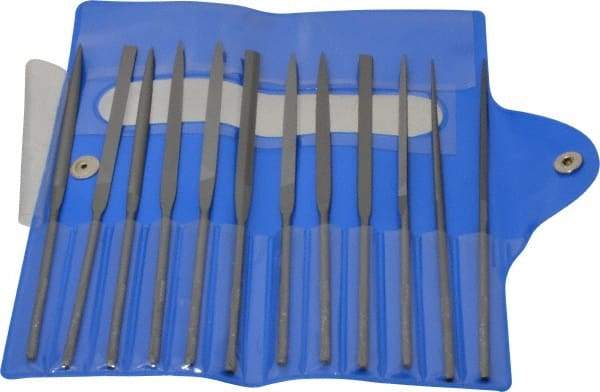 Nicholson - 12 Piece Swiss Pattern File Set - 5-1/2" Long, 4 Coarseness, Round Handle, Set Includes Barrette, Crossing, Equalling, Flat, Half Round, Knife, Round, Slitting, Square, Three Square - Caliber Tooling