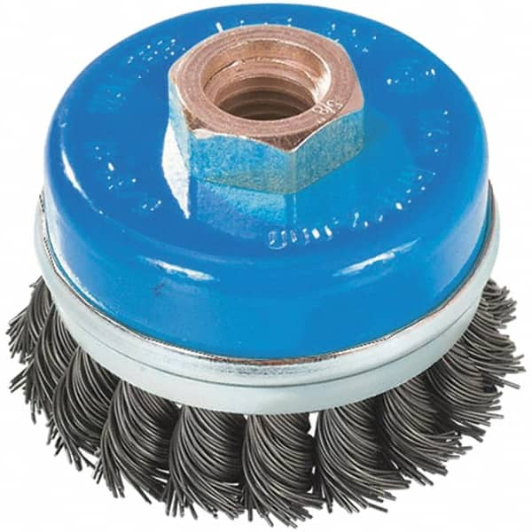 WALTER Surface Technologies - 5" Diam, 5/8-11 Threaded Arbor, Stainless Steel Fill Cup Brush - 0.02 Wire Diam, 8,600 Max RPM - Caliber Tooling