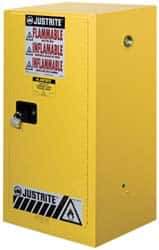 Justrite - 1 Door, 1 Shelf, Yellow Steel Space Saver Safety Cabinet for Flammable and Combustible Liquids - 44" High x 23-1/4" Wide x 18" Deep, Manual Closing Door, 15 Gal Capacity - Caliber Tooling