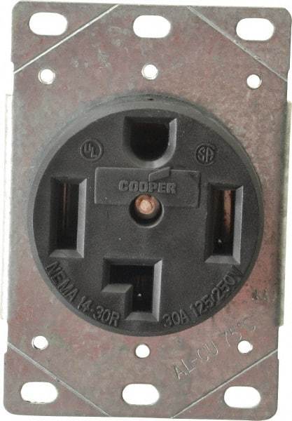 Cooper Wiring Devices - 125/250 VAC, 30 Amp, 14-30R NEMA Configuration, Black, Specification Grade, Ungrounded Single Receptacle - 1 Phase, 3 Poles, 3 Wire, Flush Mount, Corrosion Resistant - Caliber Tooling