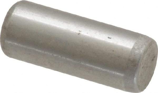 Made in USA - 1/4" Diam x 5/8" Pin Length Grade 8 Alloy Steel Standard Dowel Pin - Bright Finish, C 47-58 & C 60 (Surface) Hardness, 14,720 Lb (Double Shear), 7,360 Lb (Single Shear) Breaking Strength, 1 Beveled & 1 Rounded End - Caliber Tooling