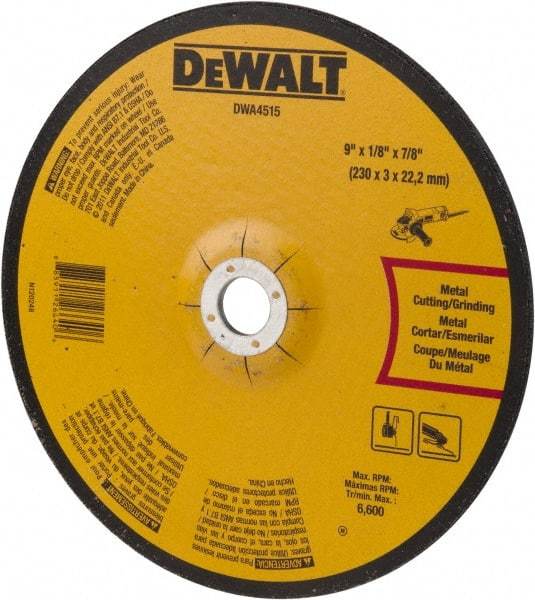 DeWALT - 24 Grit, 9" Wheel Diam, 1/8" Wheel Thickness, 7/8" Arbor Hole, Type 27 Depressed Center Wheel - Aluminum Oxide, Diamond Matrix Bond, 6,600 Max RPM, Compatible with Angle Grinder - Caliber Tooling