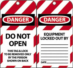 NMC - 3" High x 6" Long, DANGER - DO NOT OPEN - THIS TAG & LOCK TO BE REMOVED ONLY BY THE PERSON SHOWN ON BACK, English Safety & Facility Lockout Tag - Tag Header: Danger, 2 Sides, Black, Red & White Unrippable Vinyl - Caliber Tooling