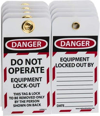 NMC - 3" High x 6" Long, DANGER - DO NOT OPERATE - EQUIPMENT LOCK-OUT - THIS TAG & LOCK TO BE REMOVED ONLY BY THE PERSON SHOWN ON BACK, English Safety & Facility Lockout Tag - Tag Header: Danger, 2 Sides, Black, Red & White Unrippable Vinyl - Caliber Tooling