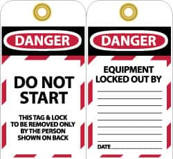 NMC - 3" High x 6" Long, DANGER - DO NOT START - THIS TAG & LOCK TO BE REMOVED ONLY BY THE PERSON SHOWN ON BACK, English Safety & Facility Lockout Tag - Tag Header: Danger, 2 Sides, Black, Red & White Unrippable Vinyl - Caliber Tooling