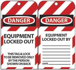 NMC - 3" High x 6" Long, DANGER - EQUIPMENT LOCKED OUT - THIS TAG & LOCK TO BE REMOVED ONLY BY THE PERSON SHOWN ON BACK, English Safety & Facility Lockout Tag - Tag Header: Danger, 2 Sides, Black, Red & White Unrippable Vinyl - Caliber Tooling