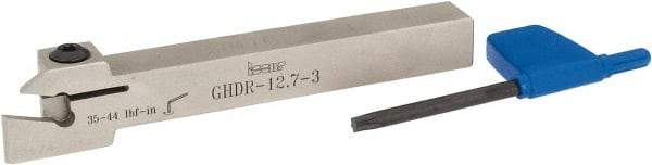 Iscar - External Thread, 0.33" Max Depth of Cut, 0.11" Min Groove Width, 4-1/2" OAL, Right Hand Indexable Grooving Cutoff Toolholder - 1/2" Shank Height x 1/2" Shank Width, GI.., GPV.., TIP.. Insert Style, GHD Toolholder Style, Series Cut Grip - Caliber Tooling