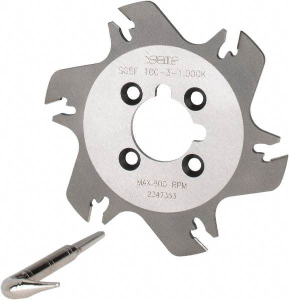 Iscar - Arbor Hole Connection, 3/32" Cutting Width, 1.04" Depth of Cut, 3.94" Cutter Diam, 1" Hole Diam, 6 Tooth Indexable Slotting Cutter - SGSF Toolholder, GSFN, GSFU Insert - Caliber Tooling