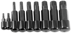 9 Piece - 4 and 5mm Bit have 5/16" Hex Drive - 6; 8; 10 and 12mm Bit have 1/2" Hex Drive - 14 and 16mm Bit have 5/8" Hex Drive - 18mm Bit has a 3/4" Hex Drive - 12 Point - Triple Square Bit Set - Caliber Tooling