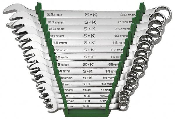 SK - 15 Piece, 8 to 22mm, Combination Wrench Set - Metric System of Measurement, Chrome Finish, Comes in Rack - Caliber Tooling