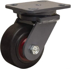 Hamilton - 4" Diam x 2" Wide x 5-5/8" OAH Top Plate Mount Swivel Caster - Rubber Mold on Cast Iron, 300 Lb Capacity, Straight Roller Bearing, 4 x 5" Plate - Caliber Tooling