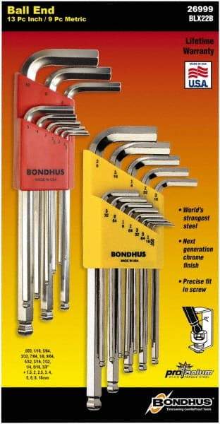 Bondhus - 22 Piece L-Key Ball End Hex Key Set - Hex Range 0.05 to 3/8", Protanium High Torque Steel - Caliber Tooling