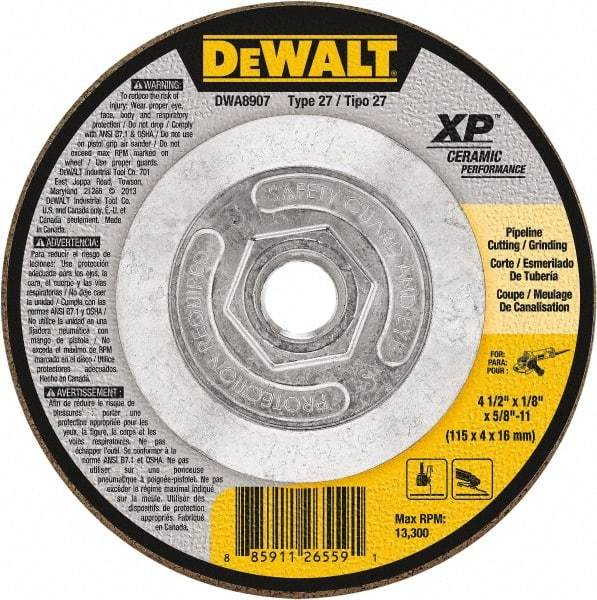 DeWALT - 24 Grit, 4-1/2" Wheel Diam, Type 27 Depressed Center Wheel - Coarse/Medium Grade, Ceramic, N Hardness, 13,300 Max RPM - Caliber Tooling