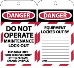 NMC - 3" High x 6" Long, DANGER - DO NOT OPERATE - MAINTENANCE LOCK OUT - THIS TAG & LOCK TO BE REMOVED ONLY BY THE PERSON SHOWN ON BACK, English Safety & Facility Lockout Tag - Tag Header: Danger, 2 Sides, Black, Red & White Synthetic Paper - Caliber Tooling