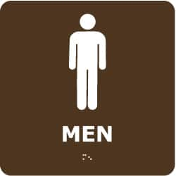 NMC - Men, 8" Wide x 8" High, Plastic Sign - English, Braille, White on Brown, Wall Mount - Caliber Tooling