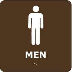 NMC - Men, 8" Wide x 8" High, Plastic Sign - English, Braille, White on Brown, Wall Mount - Caliber Tooling