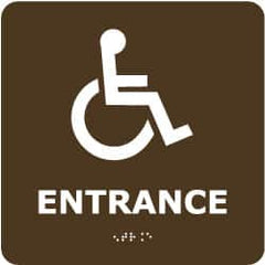 NMC - Entrance, 8" Wide x 8" High, Plastic Sign - English, Braille, White on Brown, Wall Mount - Caliber Tooling