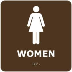 NMC - Women, 8" Wide x 8" High, Plastic Sign - English, Braille, White on Brown, Wall Mount - Caliber Tooling