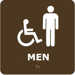 NMC - Men, 8" Wide x 8" High, Plastic Sign - English, Braille, White on Brown, Wall Mount - Caliber Tooling